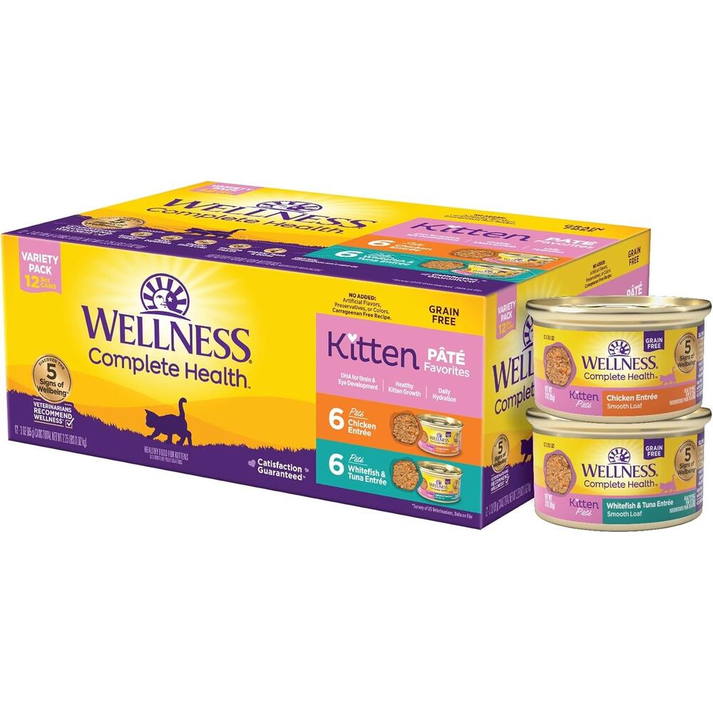 Wellness Complete Health Pate Kitten Wet Cat Food, 12 Pack (Whitefish & Chicken)
